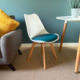 "Fusion Living Soho White and Teal Dining Chair with Squared Light Wood Legs - interlock "