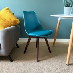 "Fusion Living Soho Teal Plastic Dining Chair with Squared Dark Wood Legs - interlock "