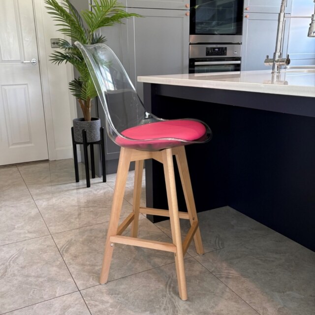 "Fusion Living Soho Clear and Bright Pink Plastic Bar Stool with Light Wood Legs "