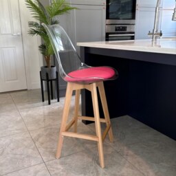 "Fusion Living Soho Clear and Bright Pink Plastic Bar Stool with Light Wood Legs "