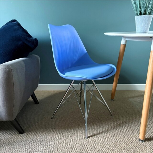 "Fusion Living Soho Blue Plastic Dining Chair with Chrome Metal Legs "
