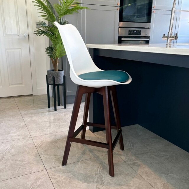 "Fusion Living Soho White and Teal Plastic Bar Stool with Dark Wood Legs "