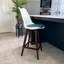 "Fusion Living Soho White and Teal Plastic Bar Stool with Dark Wood Legs "