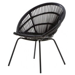 "Fusion Living Black Natural Rattan Round Armchair With Black Metal Legs "