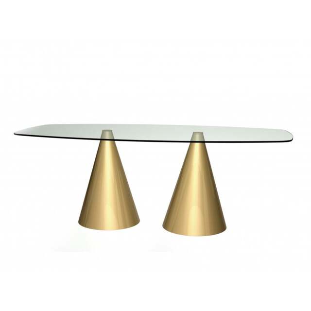 "Gillmore Rectangular Clear Glass Dining Table with Conical Brass Base "