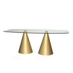 "Gillmore Rectangular Clear Glass Dining Table with Conical Brass Base "