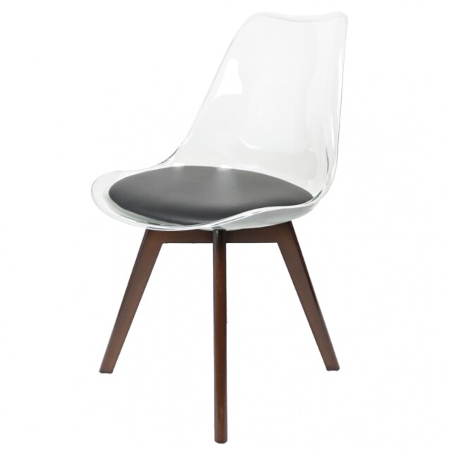 "Fusion Living Soho Clear and Black Plastic Dining Chair with Squared Dark Wood Legs "