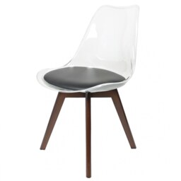 "Fusion Living Soho Clear and Black Plastic Dining Chair with Squared Dark Wood Legs "