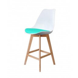 "Fusion Living Soho White and Aqua Plastic Bar Stool with Light Wood Legs "