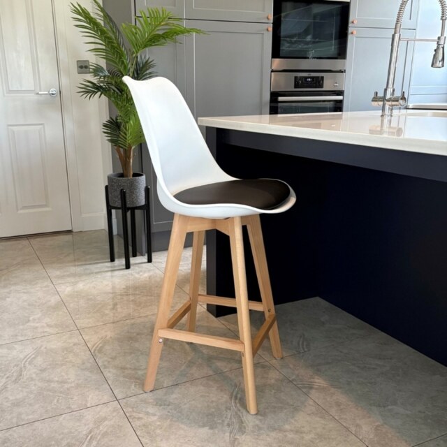 "Fusion Living Soho White and Black Plastic Bar Stool with Light Wood Legs "