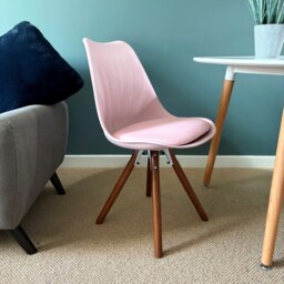 "Fusion Living Soho Blush Pink Plastic Dining Chair with Pyramid Dark Wood Legs "