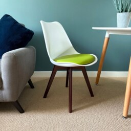 "Fusion Living Soho White and Green Dining Chair with Squared Dark Wood Legs - interlock "