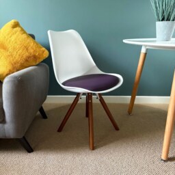 "Fusion Living Soho White and Aubergine Purple Plastic Dining Chair with Pyramid Dark Wood Legs "