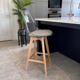 "Fusion Living Soho Clear and Light Grey Plastic Bar Stool with Light Wood Legs "