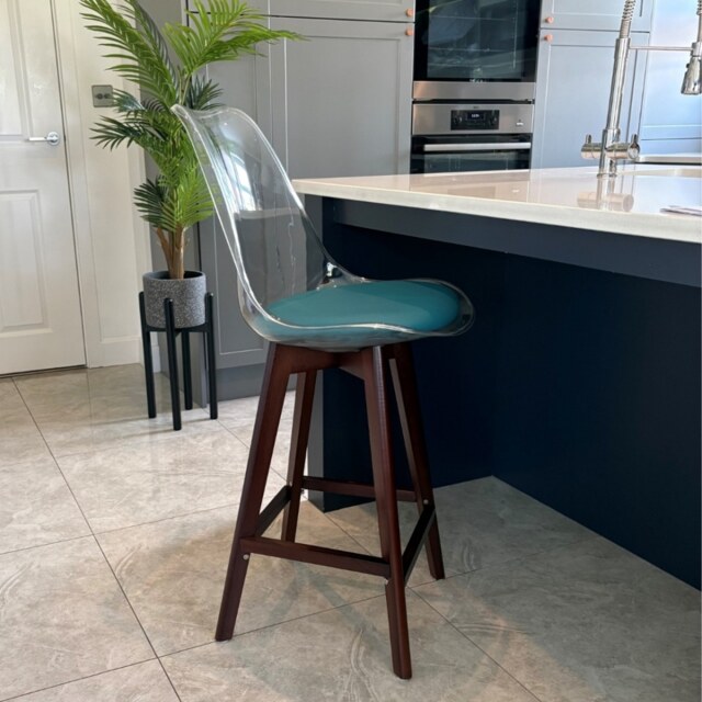 "Fusion Living Soho Clear and Teal Plastic Bar Stool with Dark Wood Legs "