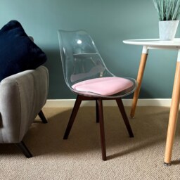 "Fusion Living Soho Clear and Blush Pink Plastic Dining Chair with Squared Dark Wood Legs "
