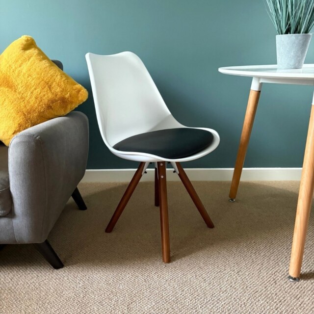 "Fusion Living Soho White and Black Dining Chair with Pyramid Dark Wood Legs "