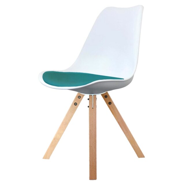 "Fusion Living Soho White and Teal Dining Chair with Square Pyramid Light Wood Legs "