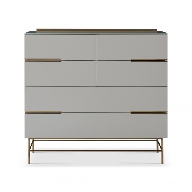 Gillmore Sleek - Contemporary Six Drawer Wide Chest In Grey With Brass Frame And Accents Frame/Handle Colour: Brass, Unit Colour: Grey