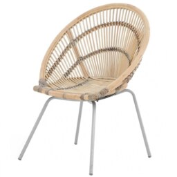 "Fusion Living White Wash Natural Rattan Round Armchair With Grey Metal Legs "