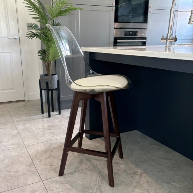 "Fusion Living Soho Clear and Vanilla Plastic Bar Stool with Dark Wood Legs "