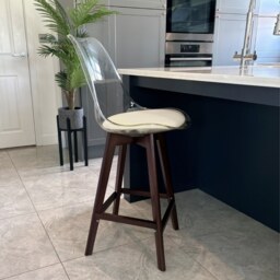 "Fusion Living Soho Clear and Vanilla Plastic Bar Stool with Dark Wood Legs "