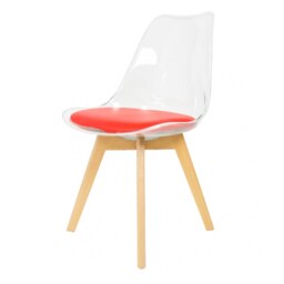 "Fusion Living Soho Clear and Red Plastic Dining Chair with Squared Light Wood Legs - interlock "