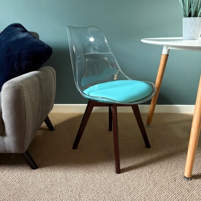"Fusion Living Soho Clear and Aqua Plastic Dining Chair with Squared Dark Wood Legs "