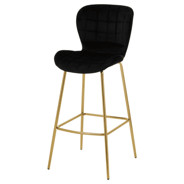 "Fusion Living Quilted Black Velvet Barstool With Gold Metal Legs "