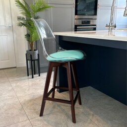 "Fusion Living Soho Clear and Aqua Plastic Bar Stool with Dark Wood Legs "
