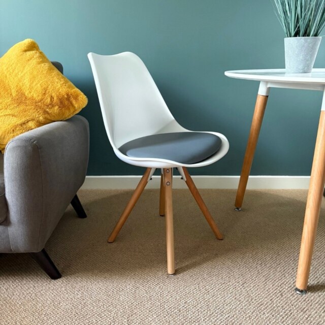 "Fusion Living Soho White and Dark Grey Dining Chair with Pyramid Light Wood Legs "