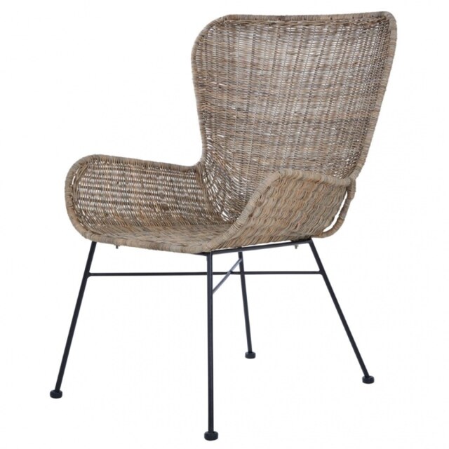 "Fusion Living Natural Rattan Curved Lounge Chair With Black Iron Legs "