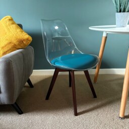 "Fusion Living Soho Clear and Teal Plastic Dining Chair with Squared Dark Wood Legs "
