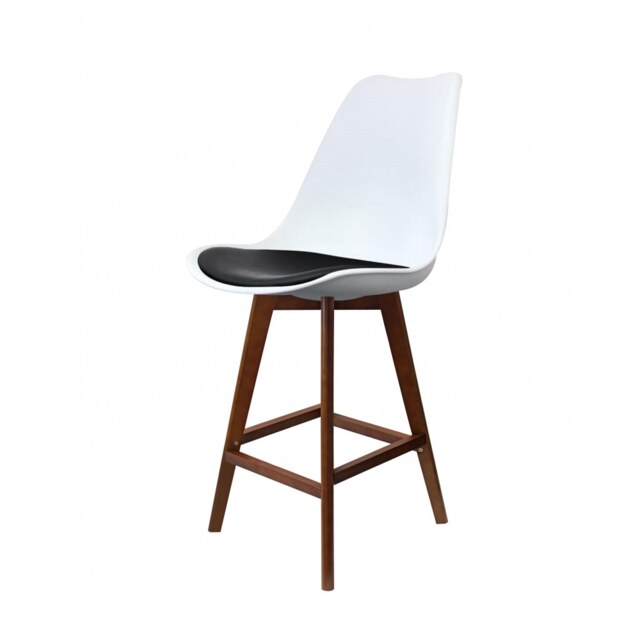 "Fusion Living Soho White and Black Plastic Bar Stool with Dark Wood Legs "