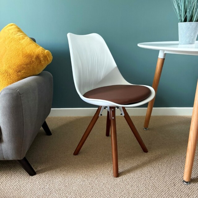 "Fusion Living Soho White and Chocolate Brown Plastic Dining Chair with Pyramid Dark Wood Legs "