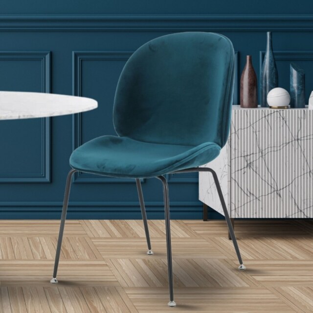 "Fusion Living Luxurious Teal Velvet Dining Chair with Black Metal Legs "
