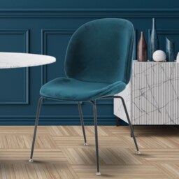 "Fusion Living Luxurious Teal Velvet Dining Chair with Black Metal Legs "
