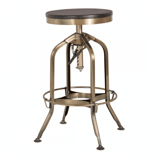 "Fusion Living Industrial Black Ash Wood and Gold Brass Metal Adjustable Barstool "