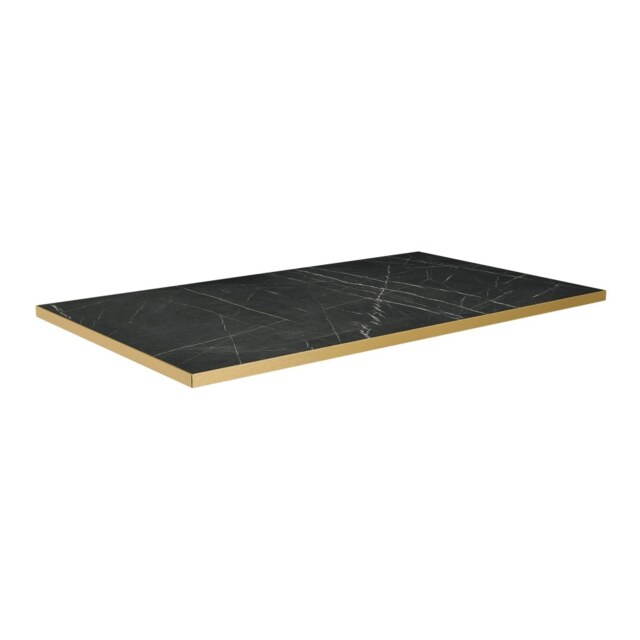 Fusion Living Omega Black Marble Laminate 120 x 70cm square table top with Boston sleek Small Rectangle Black and Gold Mid Height base Table Top Size: