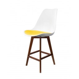 "Fusion Living Soho White and Yellow Plastic Bar Stool with Dark Wood Legs "