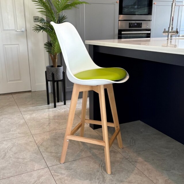 "Fusion Living Soho White and Green Plastic Bar Stool with Light Wood Legs "