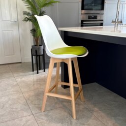 "Fusion Living Soho White and Green Plastic Bar Stool with Light Wood Legs "