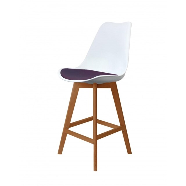 "Fusion Living Soho White and Aubergine Plastic Bar Stool with Medium Wood Legs "