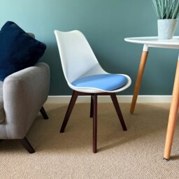 "Fusion Living Soho White and Blue Dining Chair with Squared Dark Wood Legs - interlock "