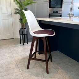 "Fusion Living Soho White and Aubergine Plastic Bar Stool with Dark Wood Legs "