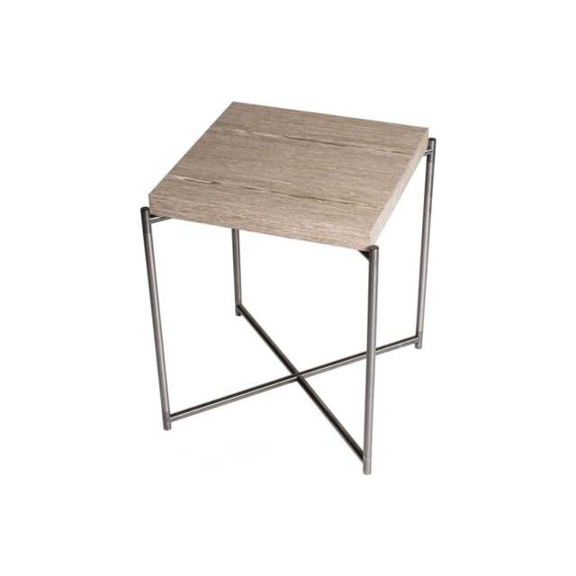 "Gillmore Weathered Oak Square Side Table with Gun Metal Cross Base "