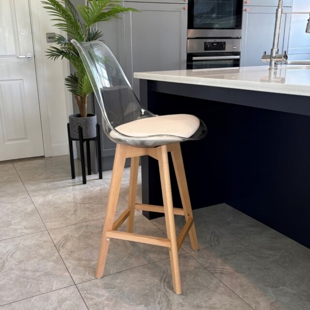 "Fusion Living Soho Clear and Vanilla Plastic Bar Stool with Light Wood Legs "