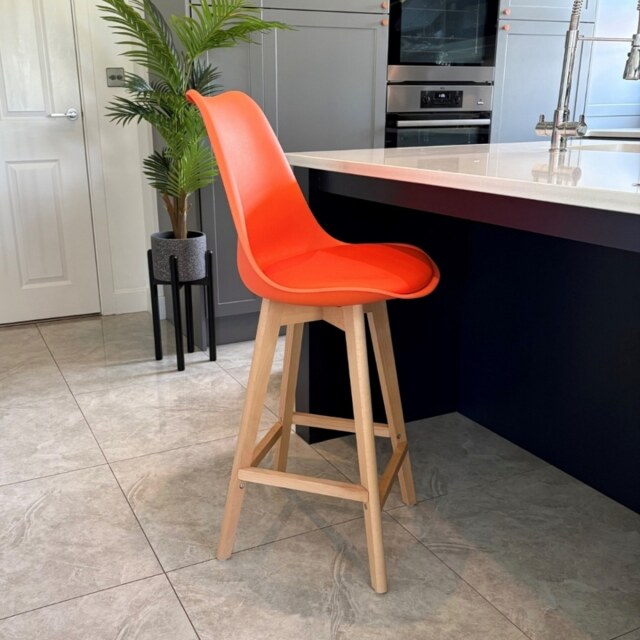 "Fusion Living Soho Orange Plastic Bar Stool with Light Wood Legs "