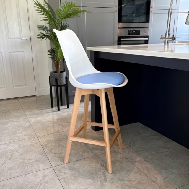 "Fusion Living Soho White and Blue Plastic Bar Stool with Light Wood Legs "