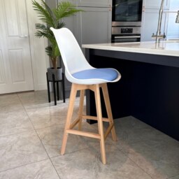 "Fusion Living Soho White and Blue Plastic Bar Stool with Light Wood Legs "